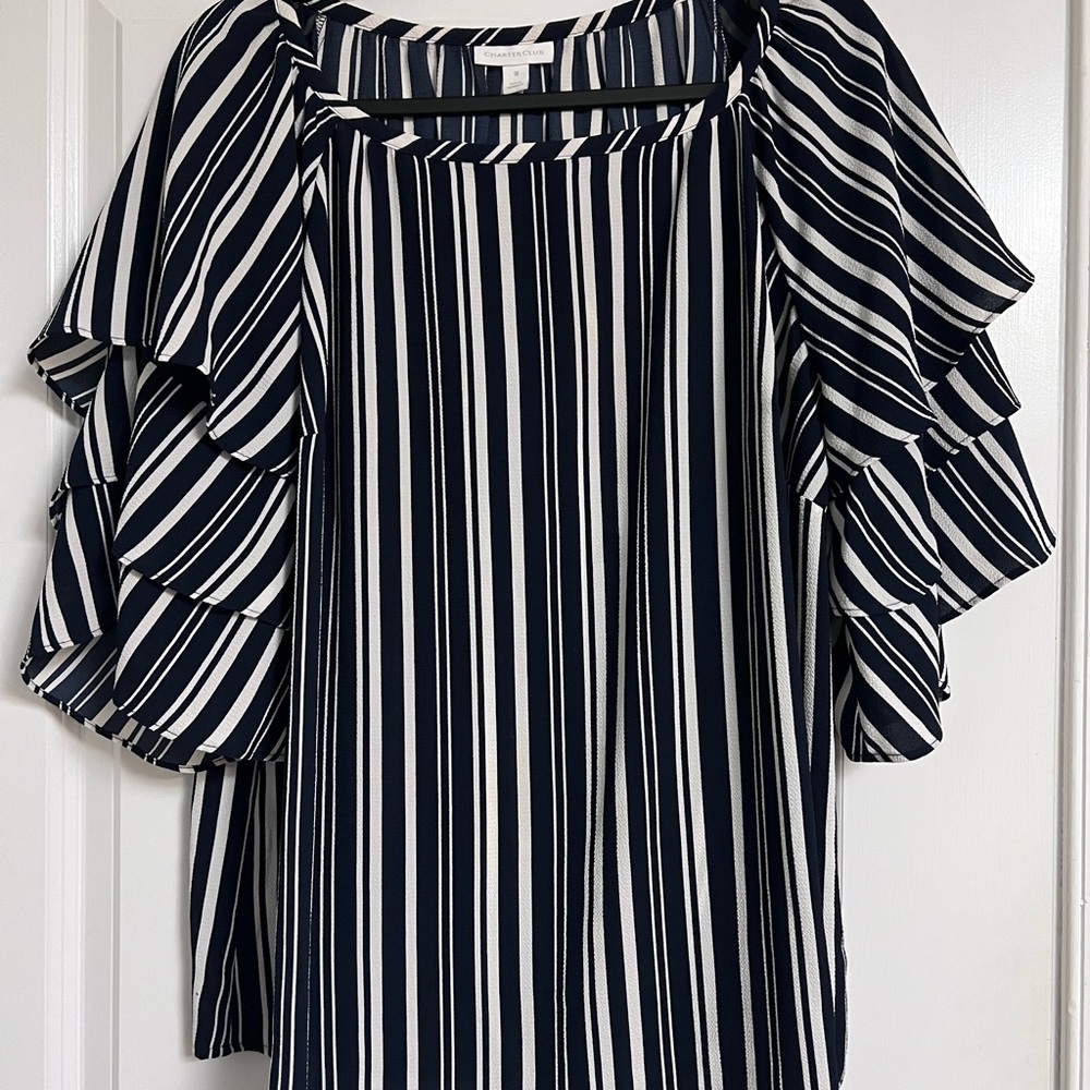Charter Club Navy & White Vertical Stripe Ruffle Sleeve Blouse